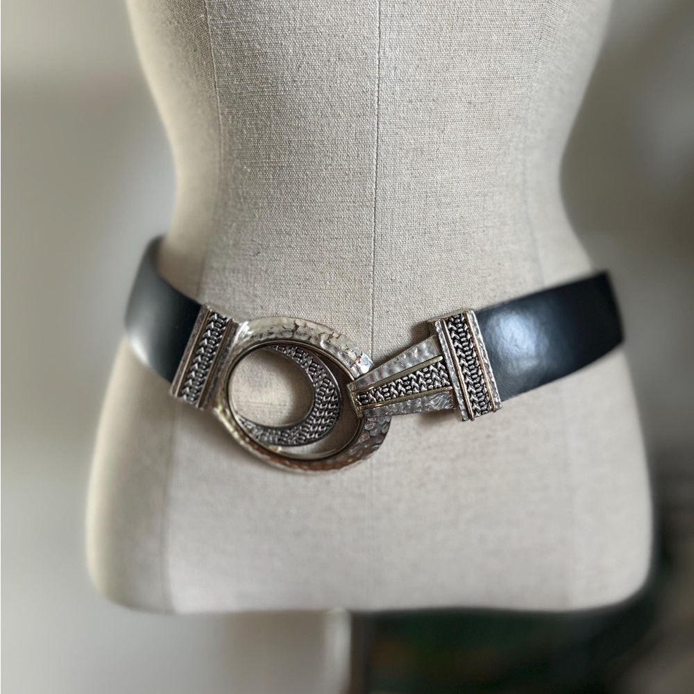 Vintage leather belt / silver moon buckle hook clasp